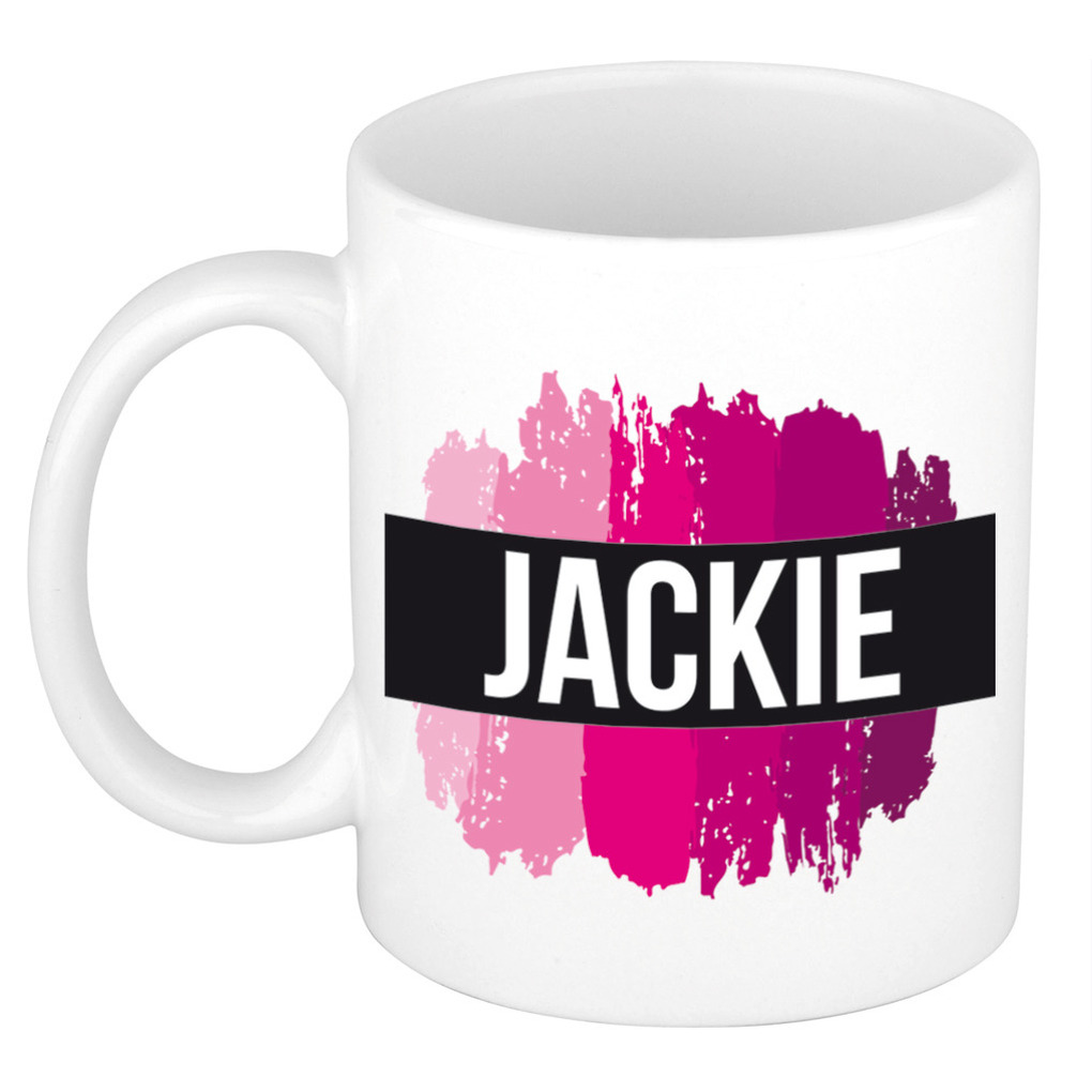 Naam cadeau mok-beker Jackie met roze verfstrepen 300 ml