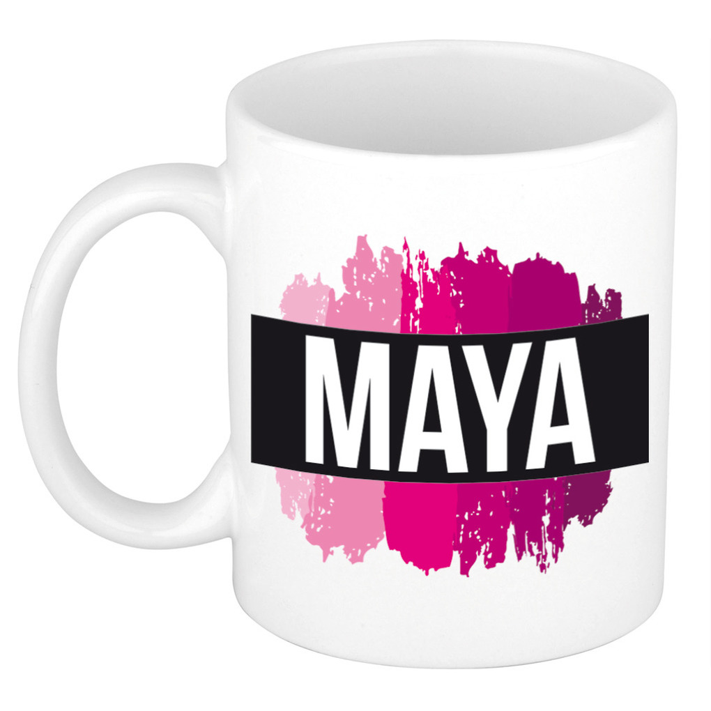 Naam cadeau mok-beker Maya met roze verfstrepen 300 ml