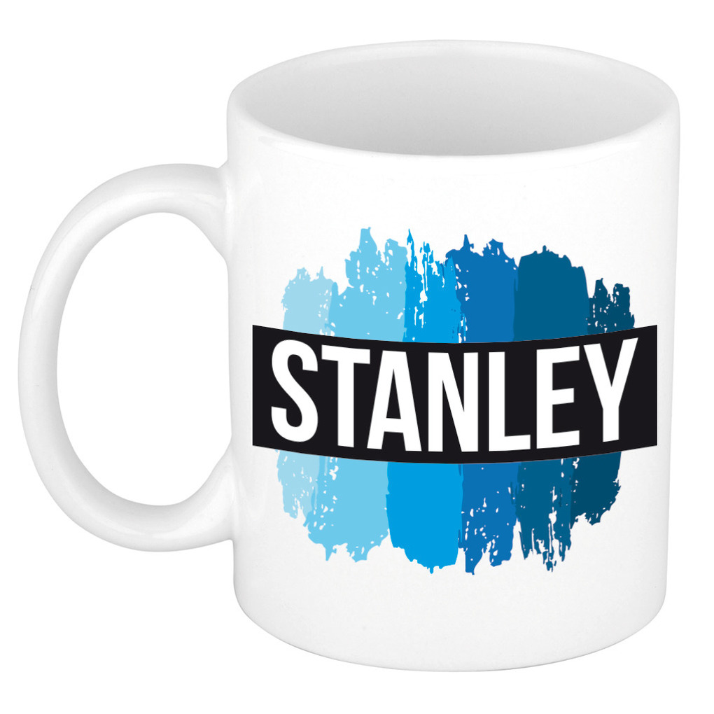 Naam cadeau mok-beker Stanley met blauwe verfstrepen 300 ml