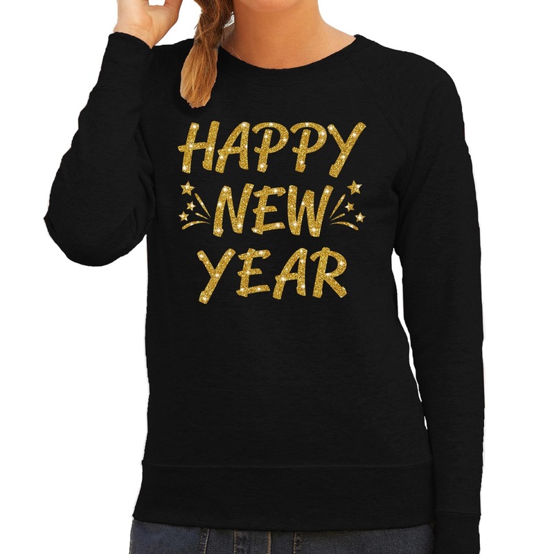 Oud en Nieuw trui-sweater happy new year goud op zwart dames