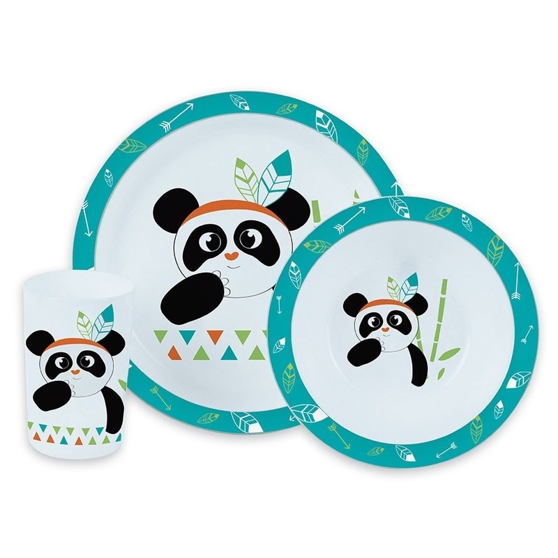 Panda thema plastic kinderservies set 3-delig bord-kom-beker