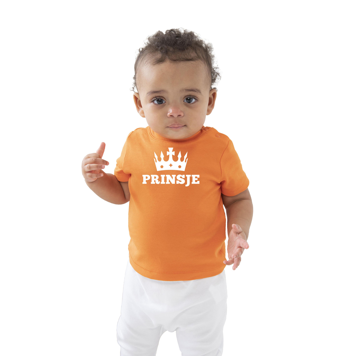 Prinsje met kroon Koningsdag t-shirt oranje baby-peuter voor jongens