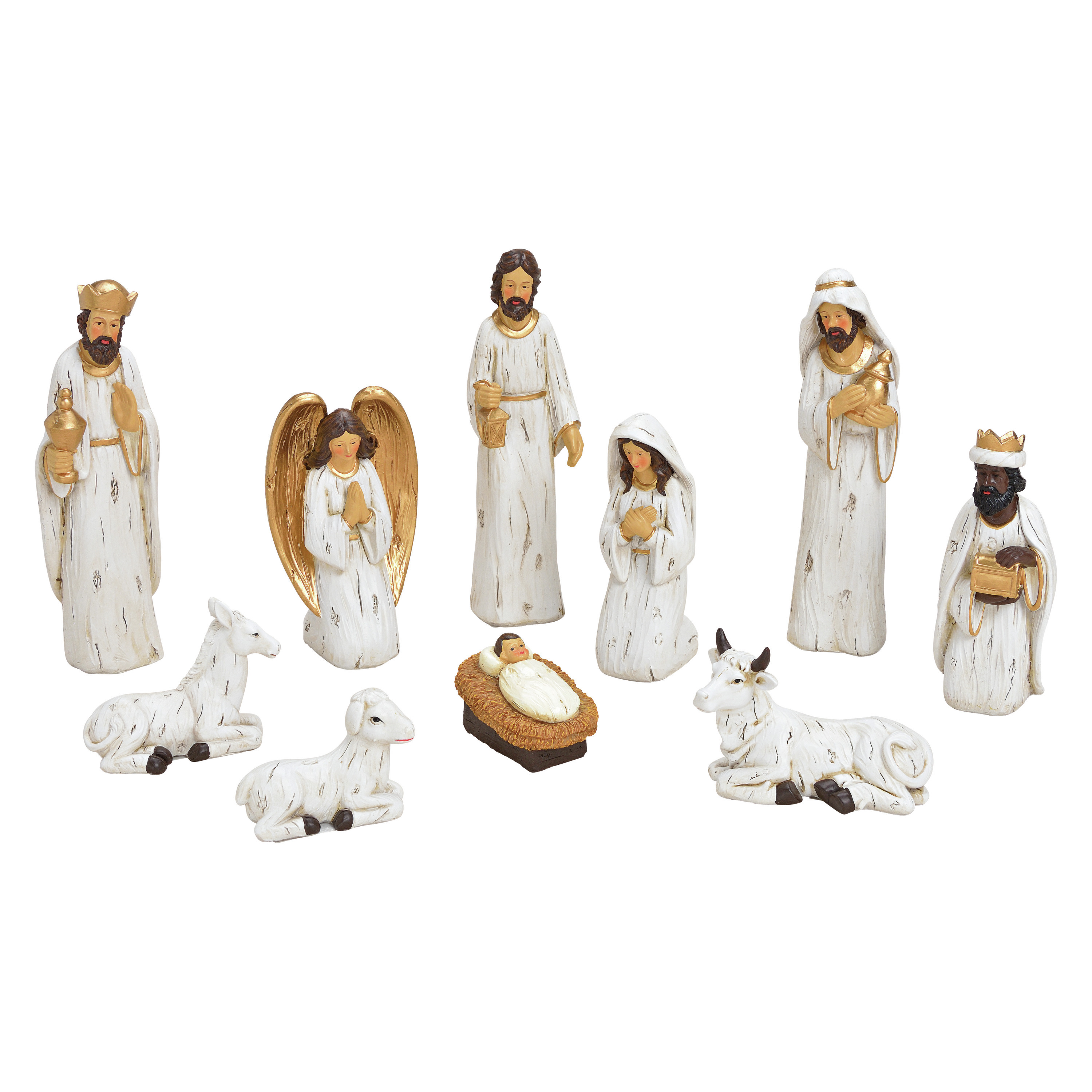 Set van 10x stuks kerststal beelden-kerstbeelden wit met goud 5-21 cm