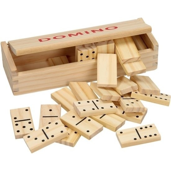 Speelgoed houten domino spel in kistje 28x steentjes