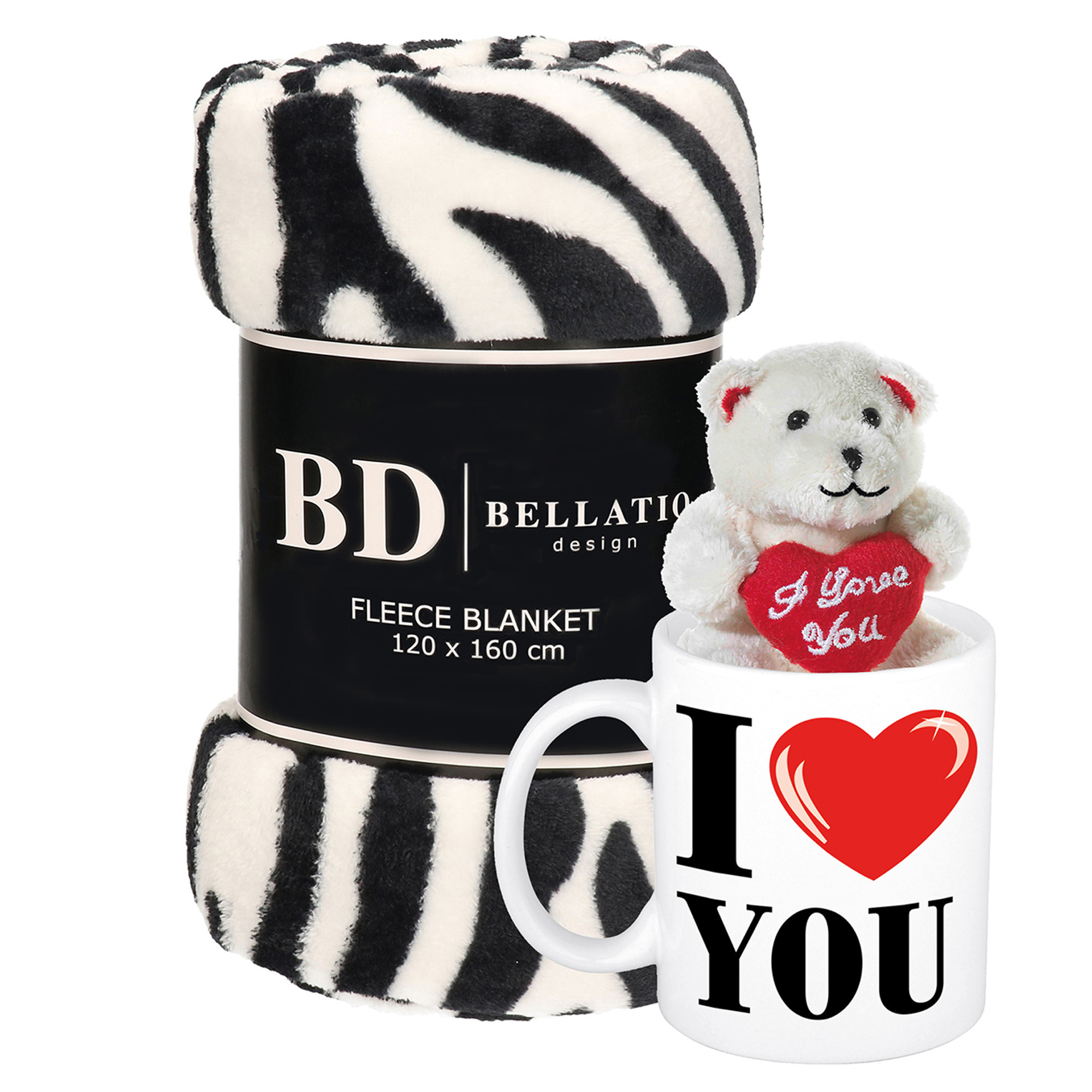 Valentijn cadeau set Fleece plaid-deken zebra print met I love you mok en beertje