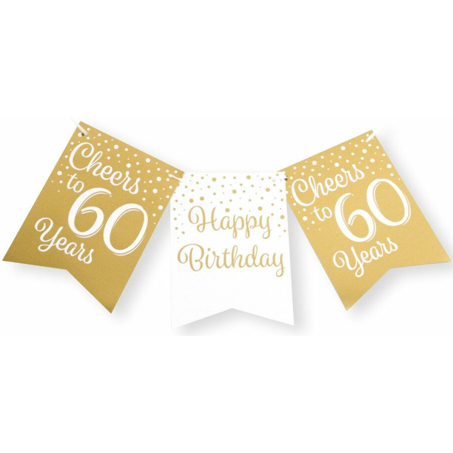 Verjaardag Vlaggenlijn 60 jaar binnen karton wit-goud 600 cm
