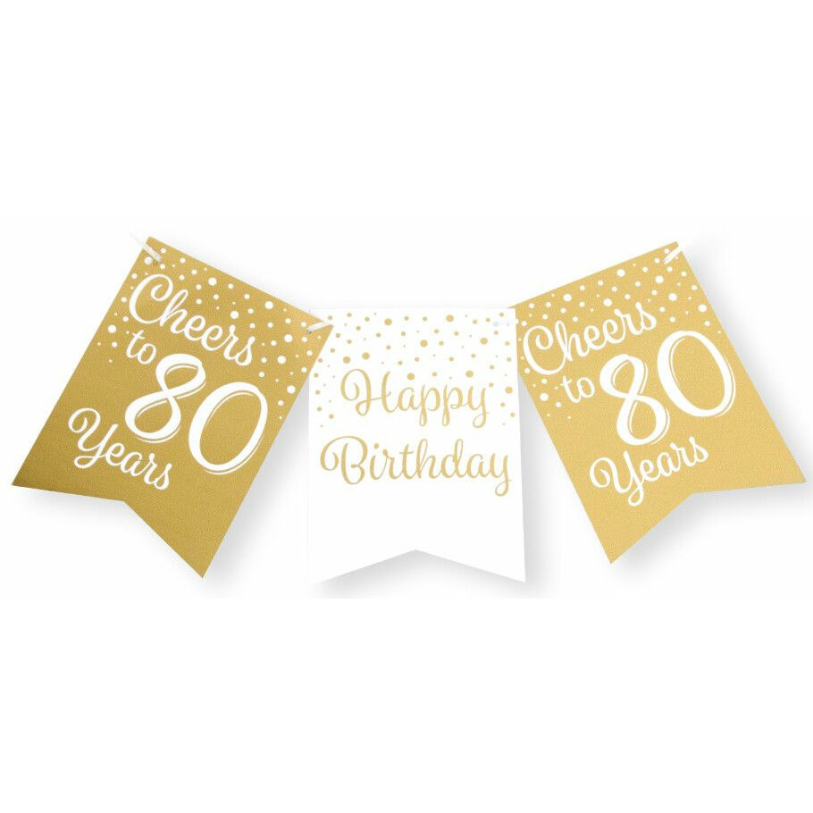 Verjaardag Vlaggenlijn 80 jaar binnen karton wit-goud 600 cm