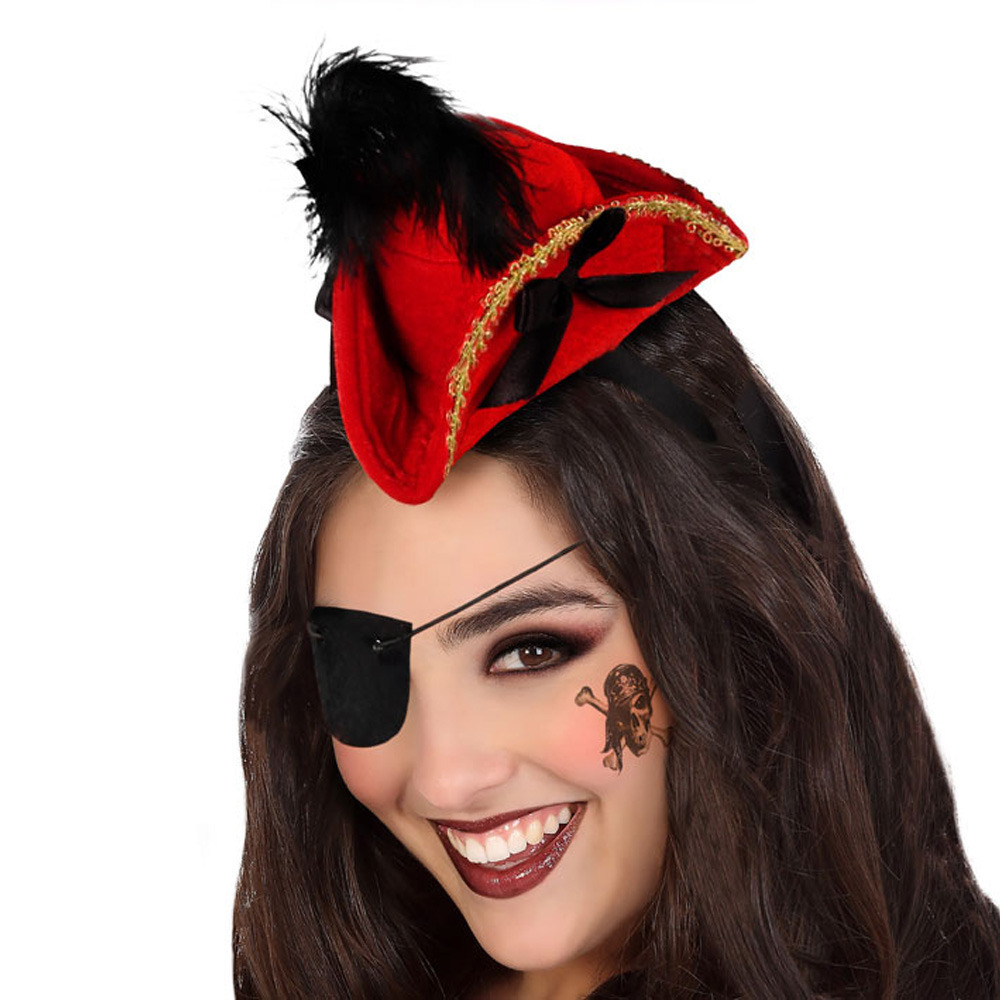Verkleed diadeem mini hoedje zwart-rood meisjes-dames Piraten thema