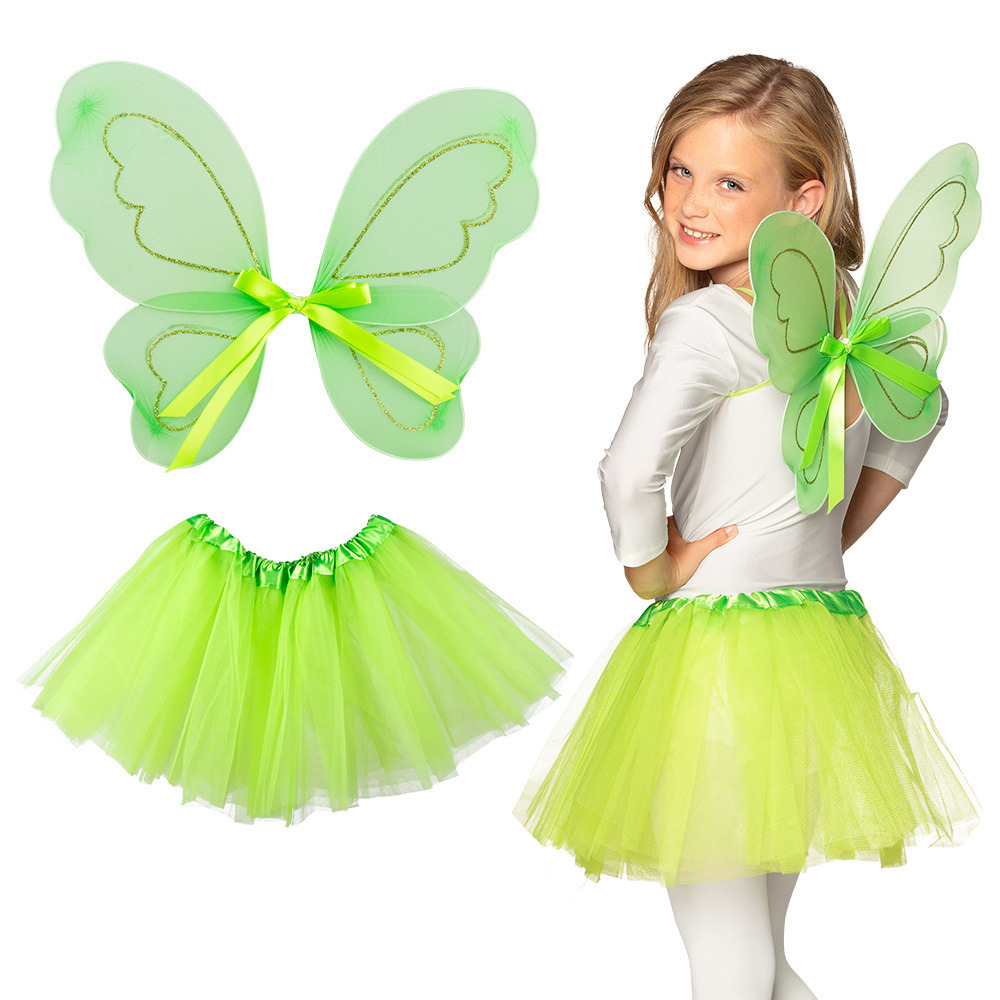 Verkleed set vlinder-fee vleugels en rokje groen kinderen Carnavalskleding-accessoires
