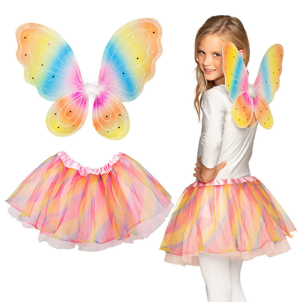 Verkleed set vlinder-fee vleugels en rokje regenboog kleuren kinderen Carnavalskleding-acces