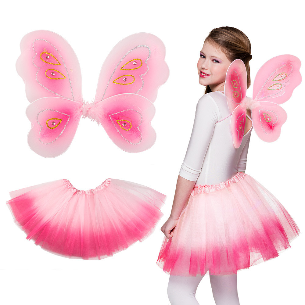 Verkleed set vlinder-fee vleugels en rokje roze kinderen Carnavalskleding-acces