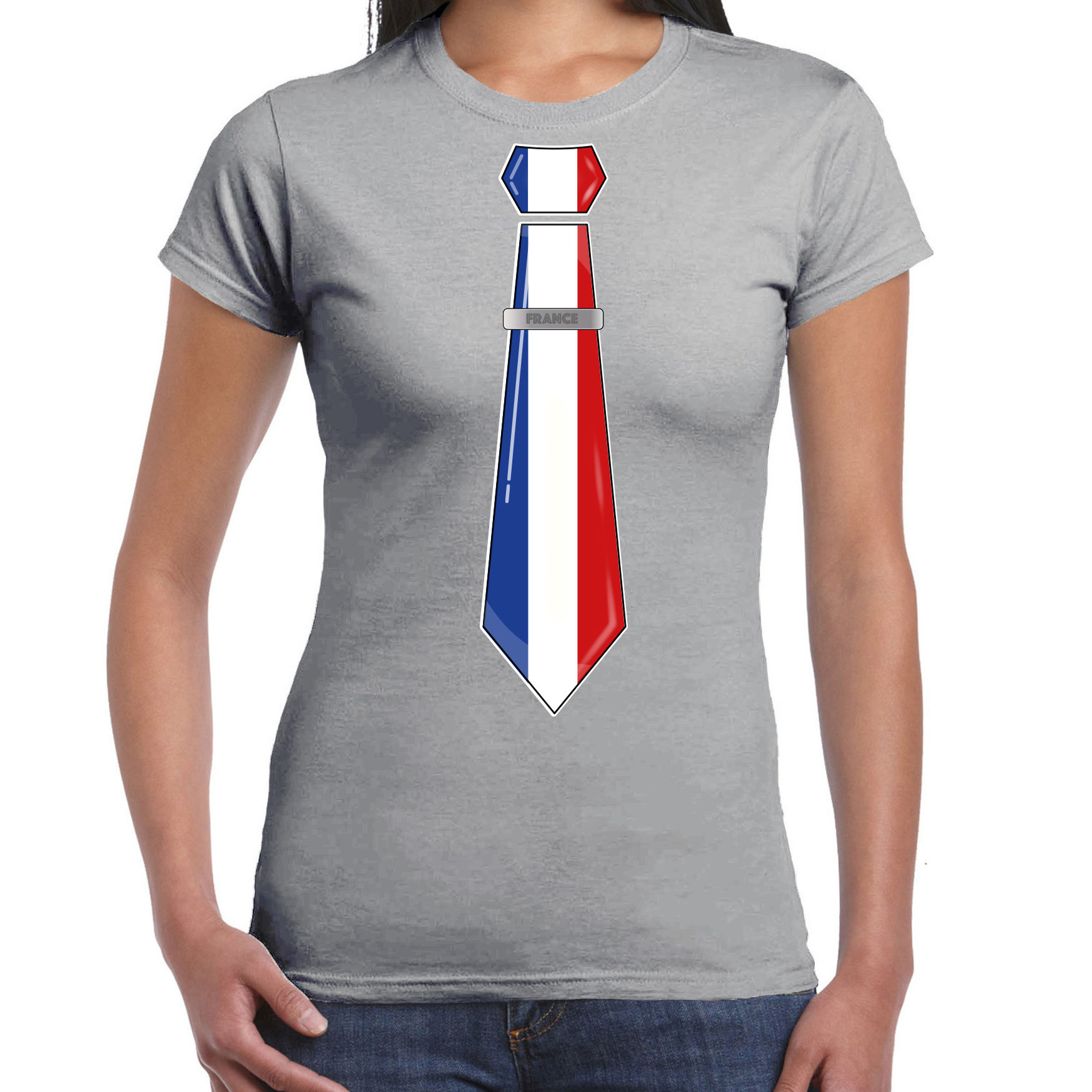 Verkleed T-shirt voor dames stropdas Frankrijk grijs supporter themafeest
