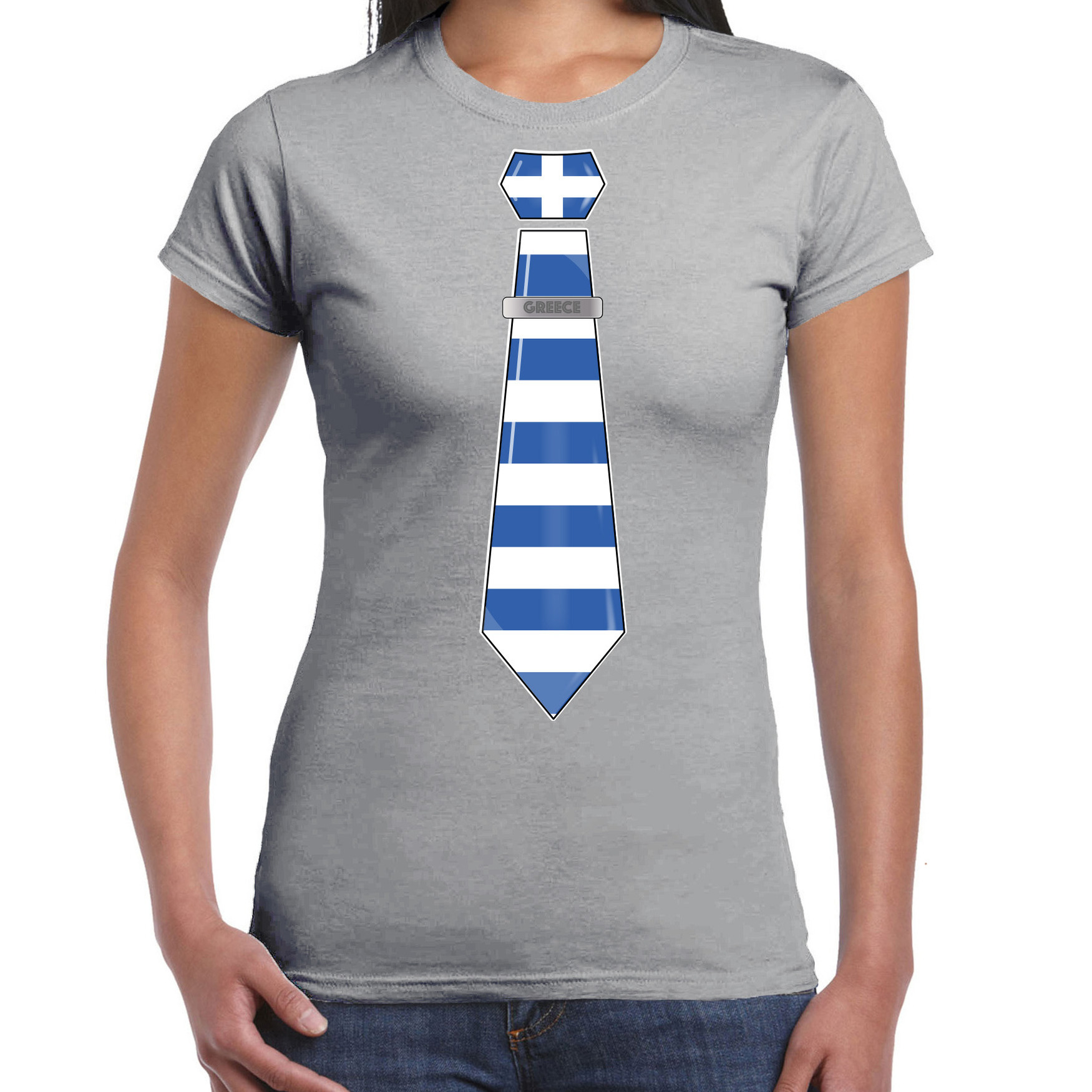 Verkleed T-shirt voor dames stropdas Griekenland grijs supporter themafeest