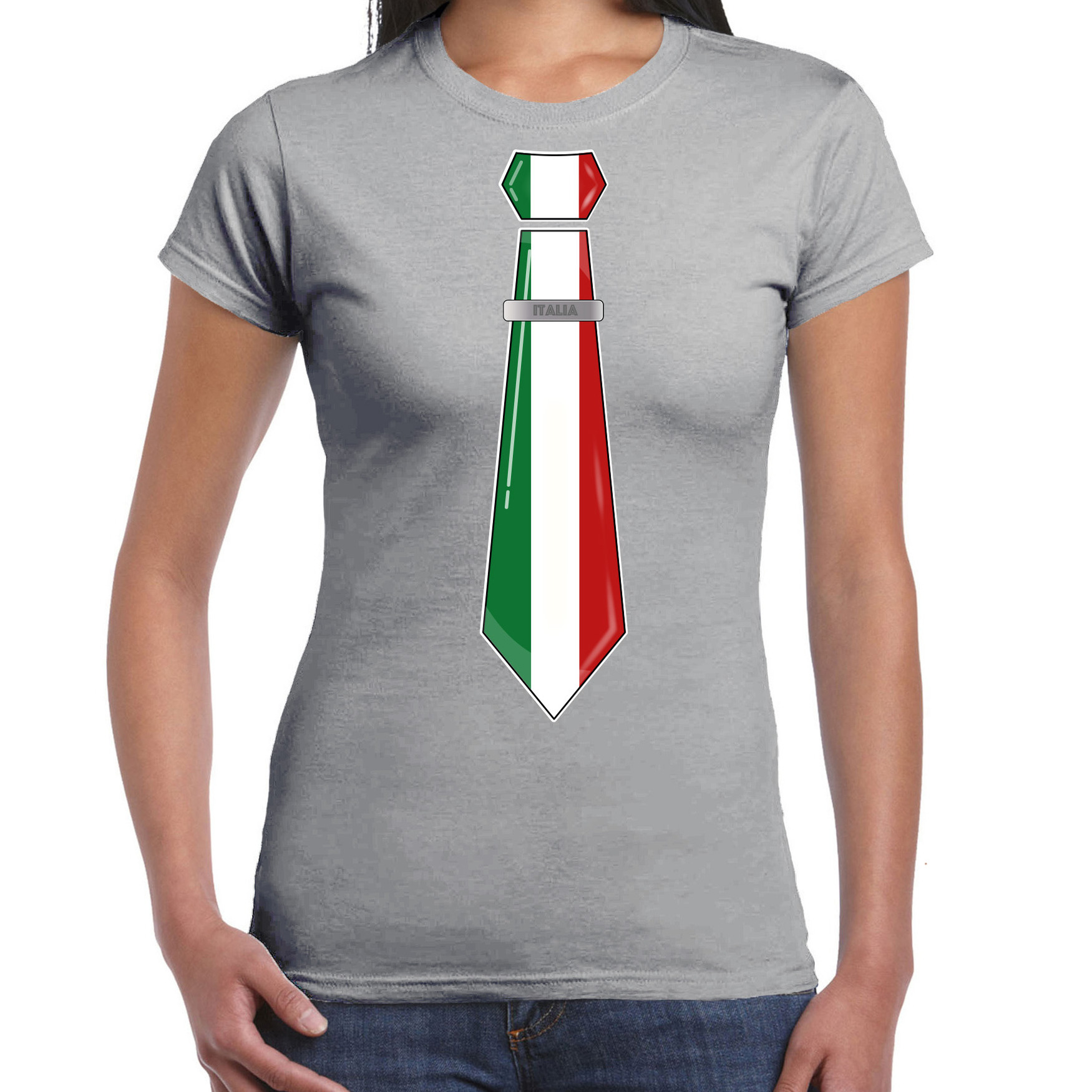 Verkleed T-shirt voor dames stropdas Italie grijs supporter themafeest