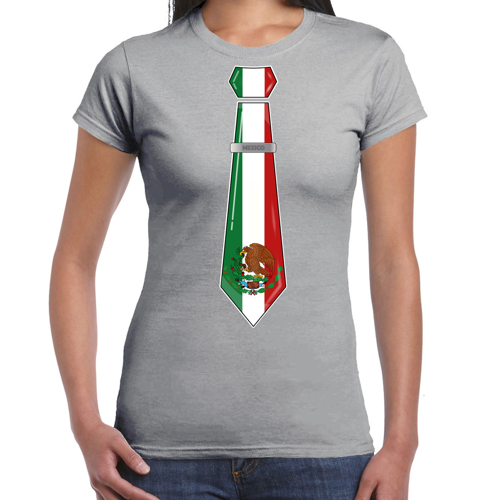 Verkleed T-shirt voor dames stropdas Mexico grijs supporter themafeest