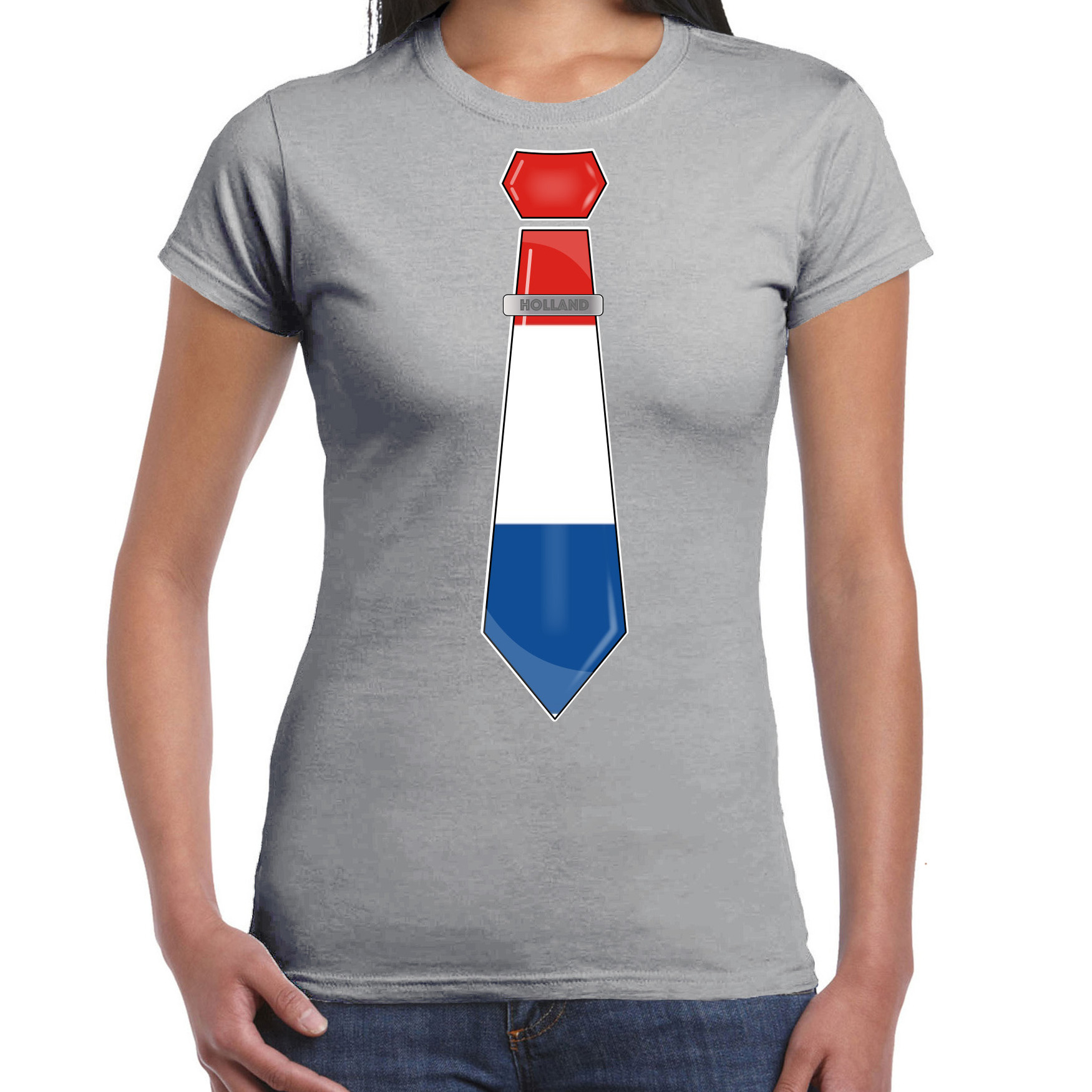 Verkleed T-shirt voor dames stropdas Nederland grijs supporter themafeest