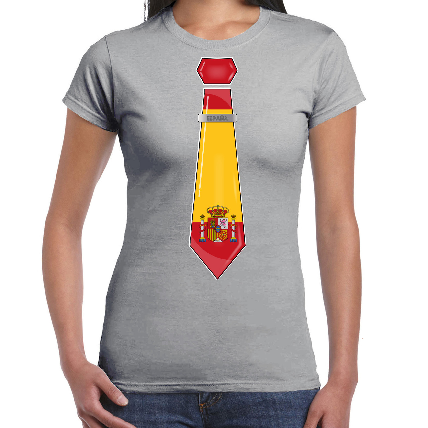 Verkleed T-shirt voor dames stropdas Spanje grijs supporter themafeest
