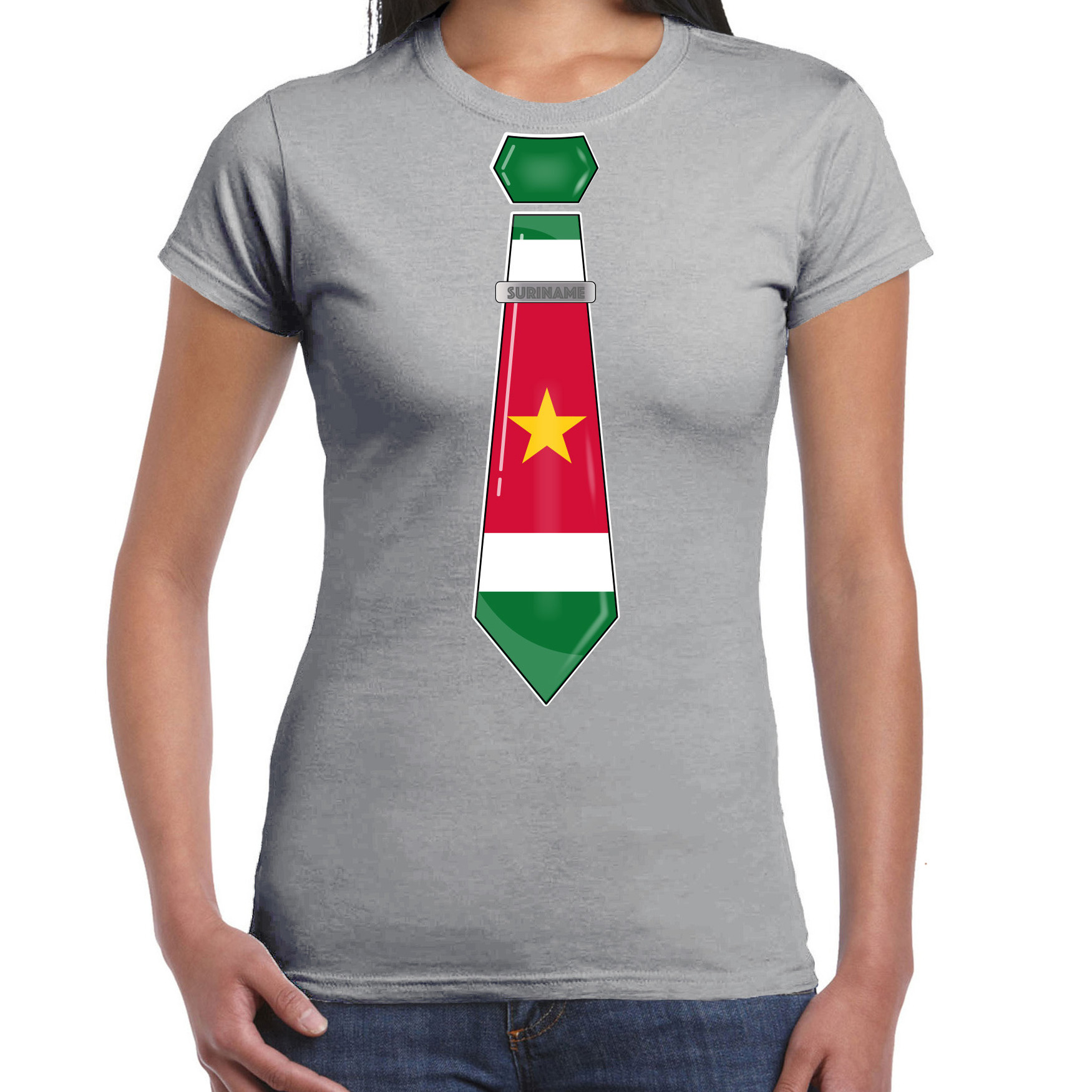 Verkleed T-shirt voor dames stropdas Suriname grijs supporter themafeest