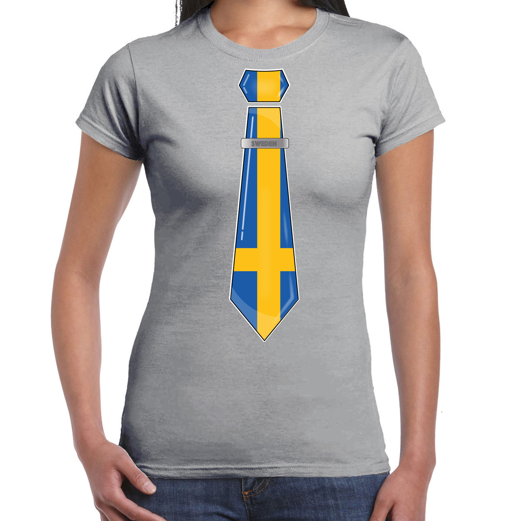 Verkleed T-shirt voor dames stropdas Zweden grijs supporter themafeest