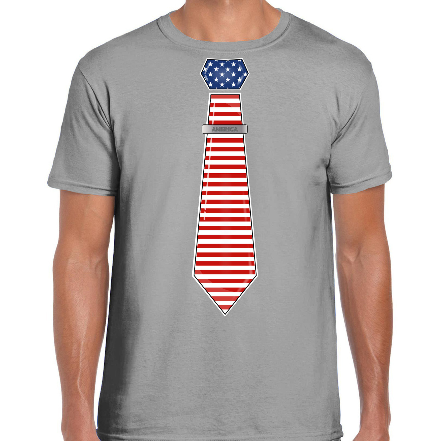 Verkleed T-shirt voor heren stropdas Amerika grijs supporter themafeest
