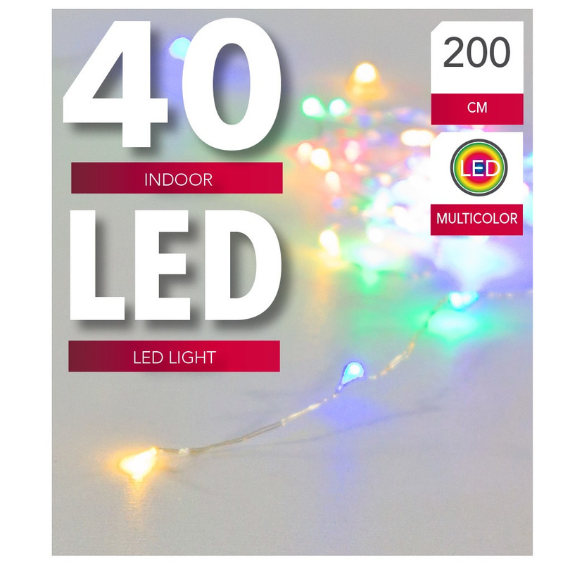 Verlichting lichtdraad zilver 40 gekleurde lampjes op batterijen 200 cm