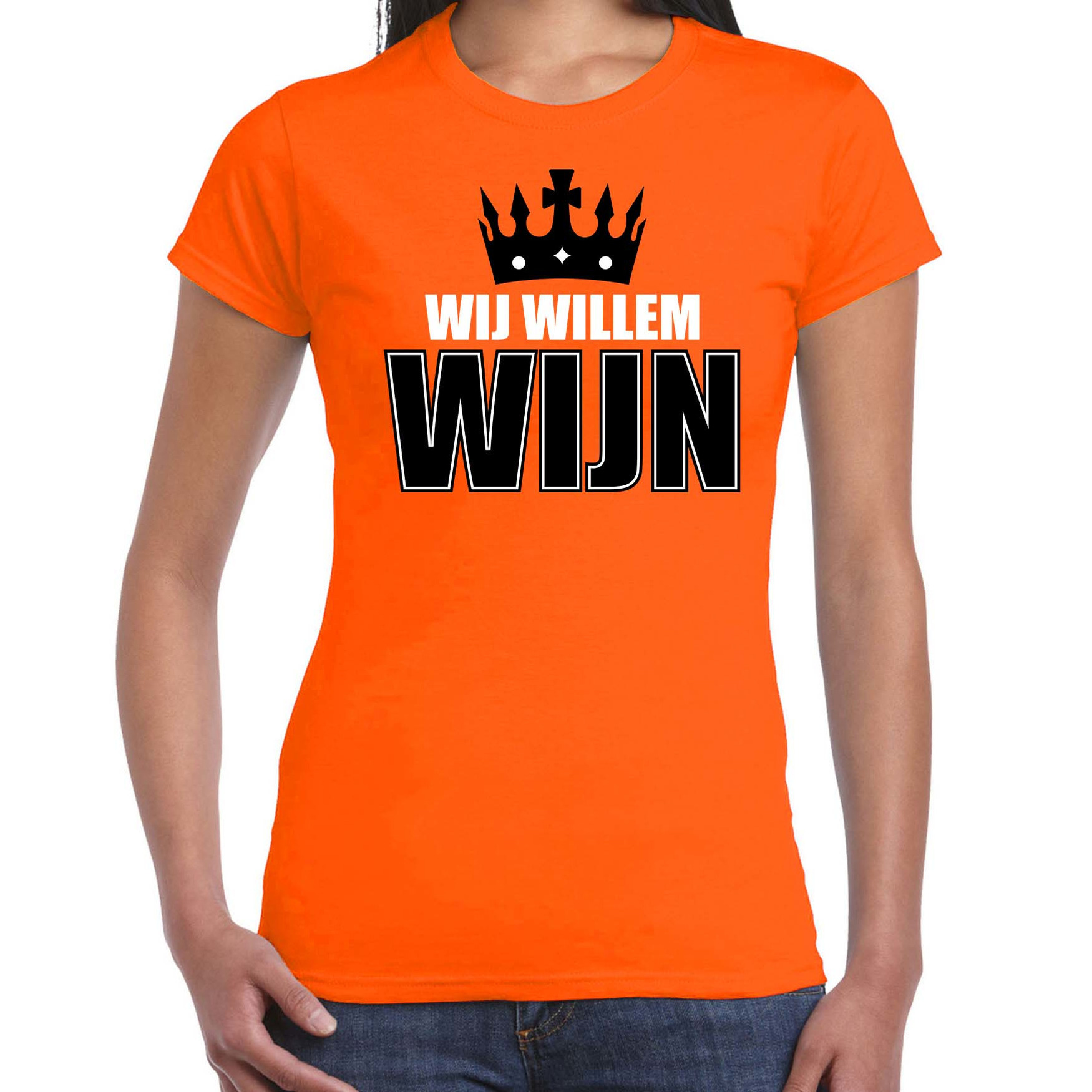 Wij Willem wijn t-shirt oranje voor dames Koningsdag shirts