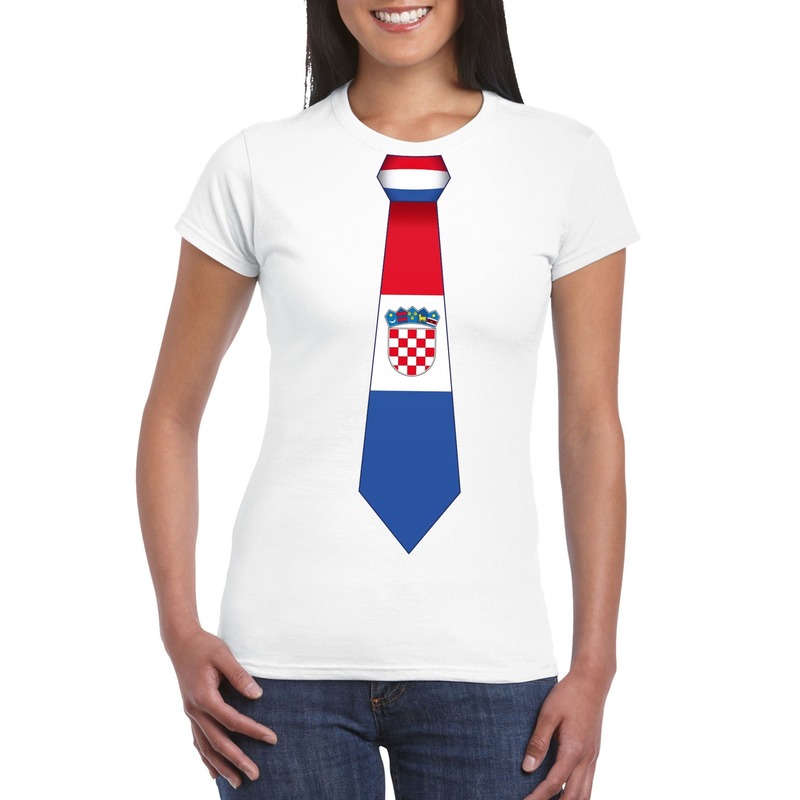 Wit t-shirt met Kroatie vlag stropdas dames