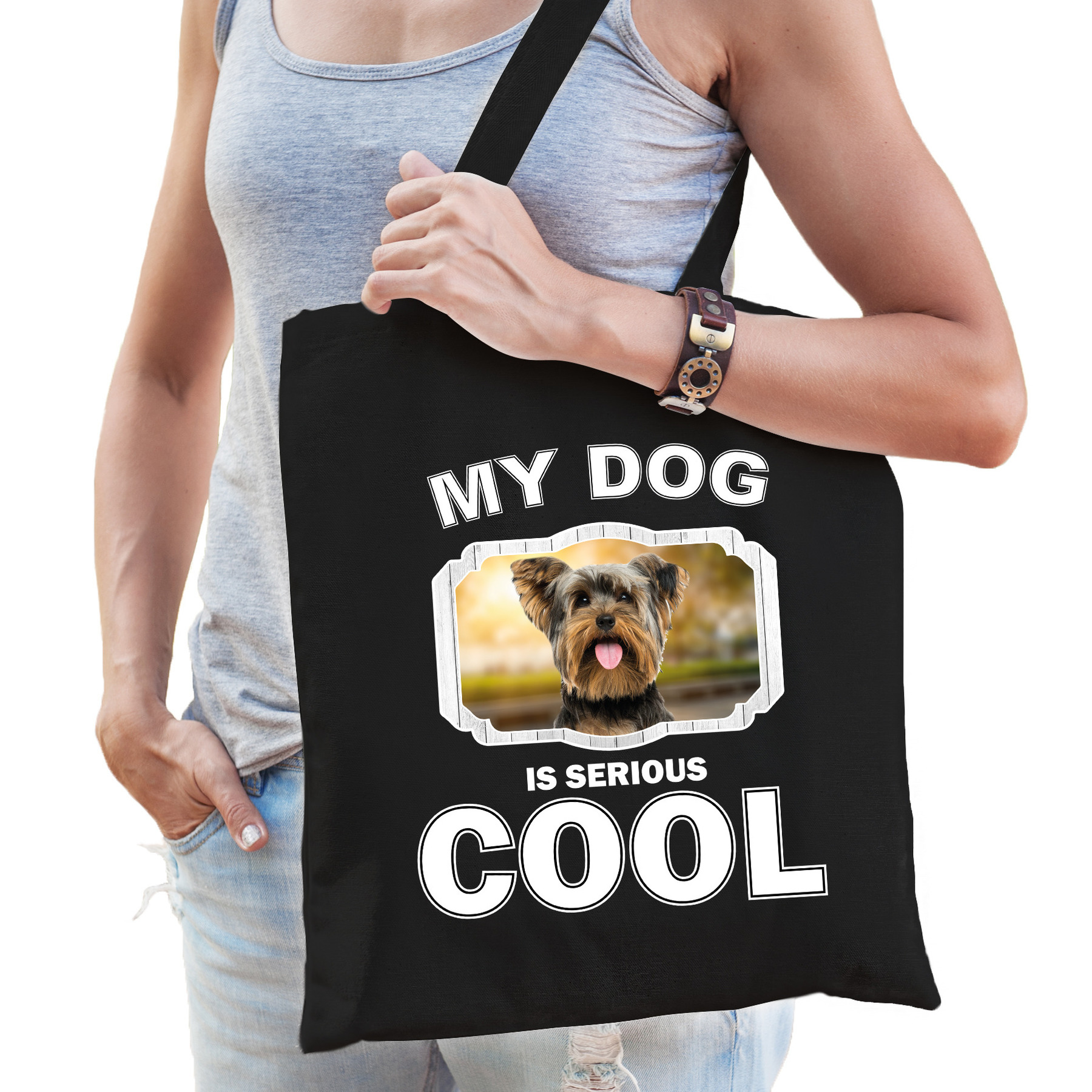 Yorkshire terrier honden tasje zwart volwassenen en kinderen my dog serious is cool kado boodschap