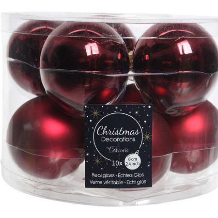 Large set glass Christmas boubles 50x pieces deep red 4-6-8 cm with tree topper frosted