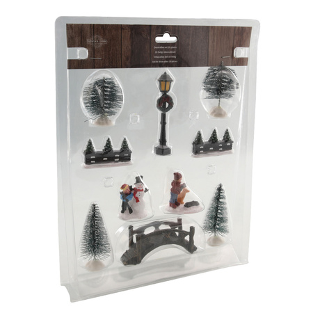 10x stuks kerstdorp accessoires figuurtjes/poppetjes en kerstboompje