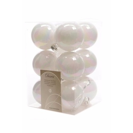 12x Parelmoer witte kunststof kerstballen met glazen piek mat