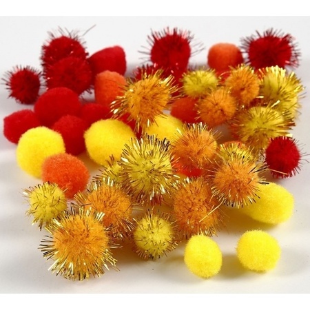144x craft pompoms 15-20  mm orange, yellow, red