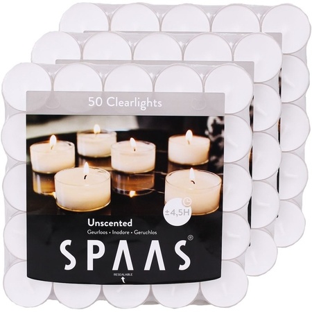 150x Clearlights white tealights candles 4.5 hours resealable