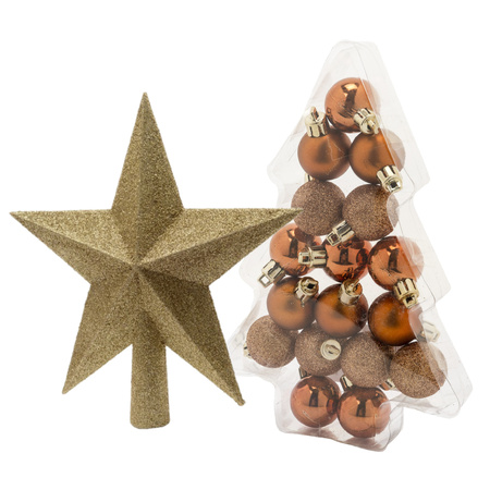 17x pcs christmas baubles copper 3 cm incl. star tree topper gold plastic