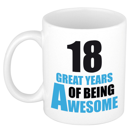 18 great years of being awesome - gift mug white and blue 300 ml