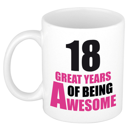 18 great years of being awesome - gift mug white and pink 300 ml