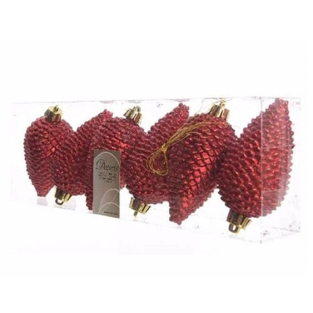 18x Christmas red pinecones Christmas baubles 8 cm plastic glitter