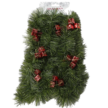 1x Green Christmas pine garland with red decoration 270 cm