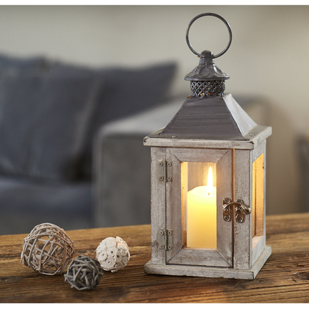 1x Wooden lantern candle holders white 13 x 25 cm