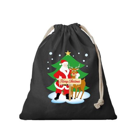 1x Kerst cadeauzak zwart Santa en Rudolf met koord voor als cadeauverpakking