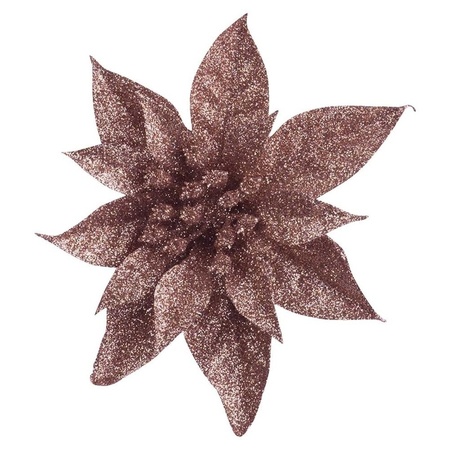 1x Christmas tree deco dark beige glitter flower poinsettia on clip 15 cm