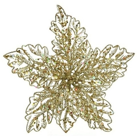 1x Christmas tree deco golden glitter poinsettia on clip 23 x 10 cm
