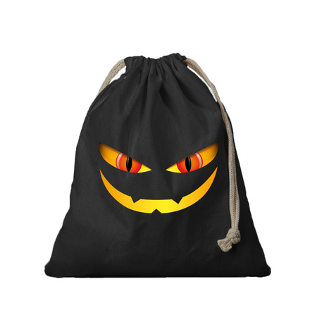 1x Monster face canvas halloween bag black with drawstring black 25 x 30 cm