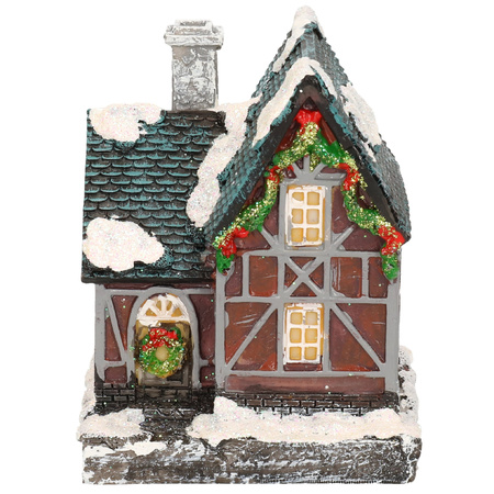 5x Verschillende polystone kersthuisjes/kerstdorpje huisjes met verlichting 13,5 cm
