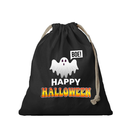 1x Happy halloween with ghost canvas halloween bag black with drawstring black 25 x 30 cm