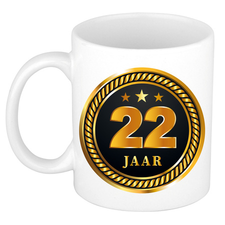 Gold black medal 22 year mug for birthday / anniversary