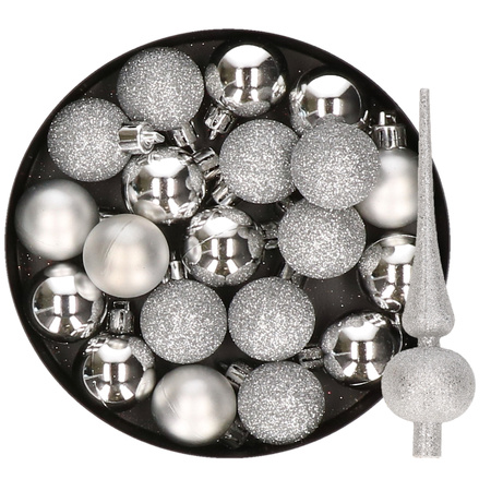24x pcs plastic christmas baubles 6 cm including glitter tree topper silver