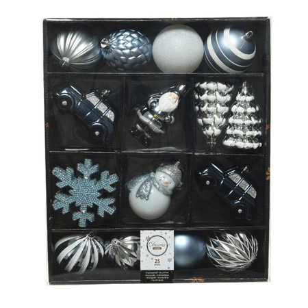 25x Kerstballen en kersthangers figuurtjes lichtblauw/wit kunststof