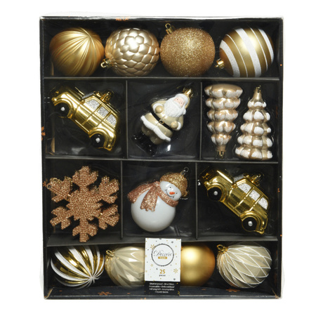 25x stuks kerstballen en kersthangers figuurtjes goud met wit kunststof