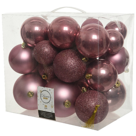 Christmas decorations baubles with topper 6-8-10 cm set old pink 27x pieces